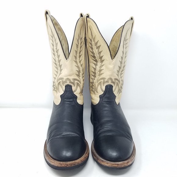 Tony Lama boots cream/black HORSEMAN cowboy‎ with fern stitch 9.5D main image 4